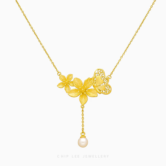 999 Pure Gold Floral Butterfly Pearl Necklace