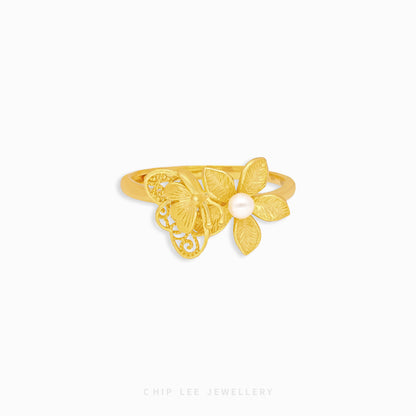 999 Pure Gold Floral Butterfly Pearl Ring