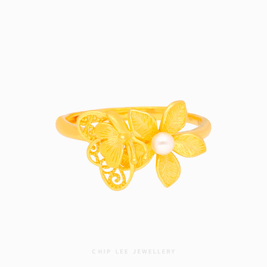 999 Floral Butterfly Pearl Ring