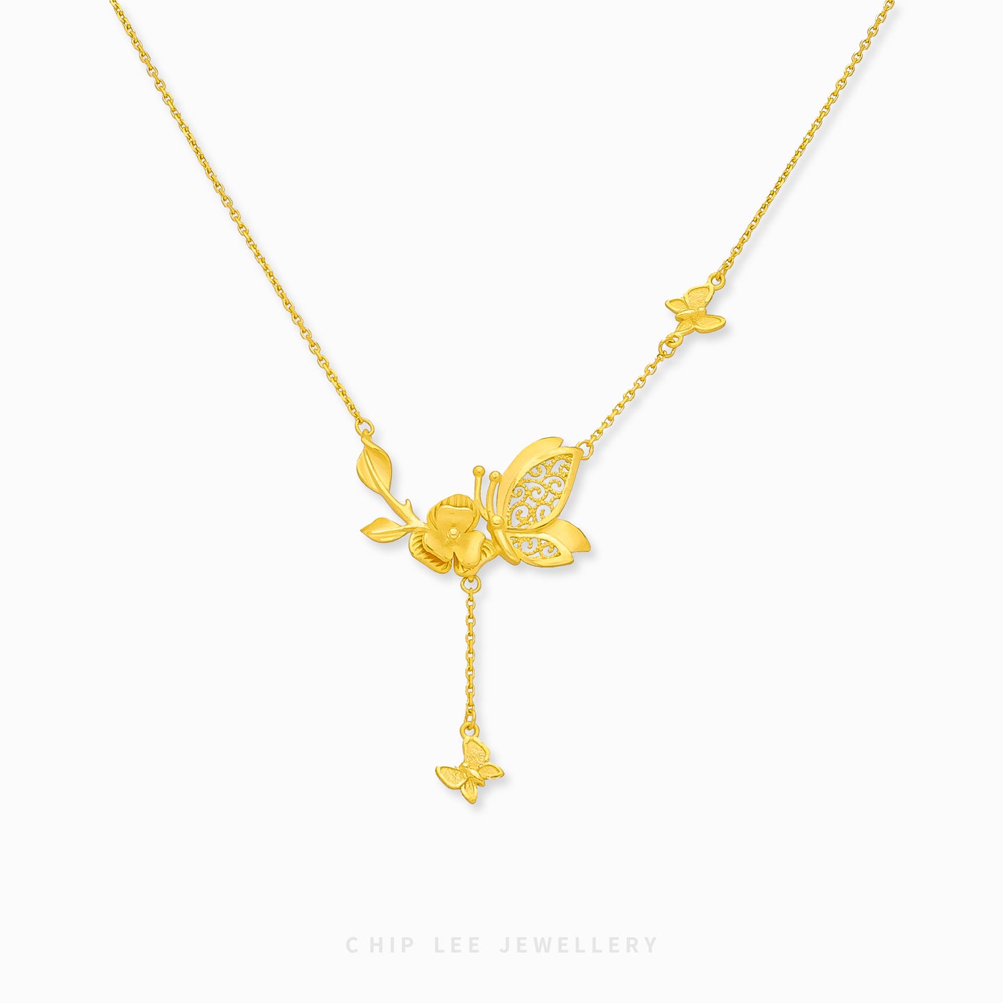999 Pure Gold Floral Butterfly Necklace