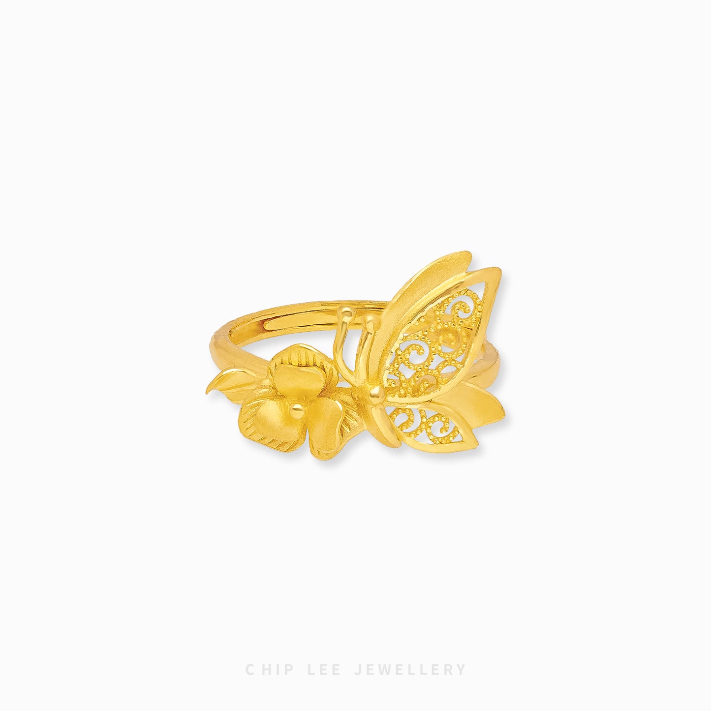 999 Pure Gold Floral Butterfly Ring