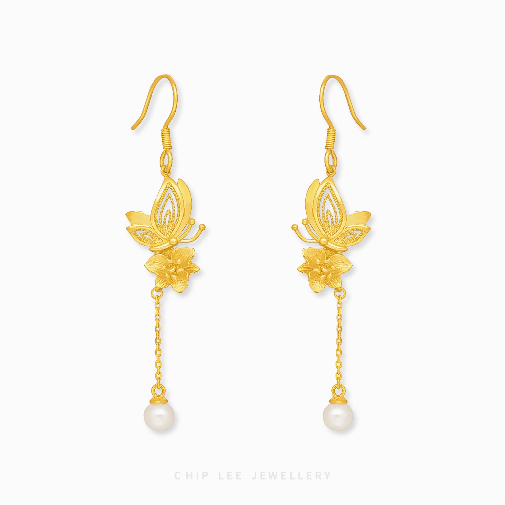 999 Pure Gold Floral Butterfly Pearl Earrings with delicate floral and butterfly designs, accented by pearls, crafted in solid gold for timeless elegance.