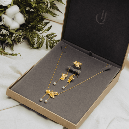 999 Pure Gold Floral Butterfly Pearl Earrings with delicate floral and butterfly designs, accented by pearls, crafted in solid gold for timeless elegance.