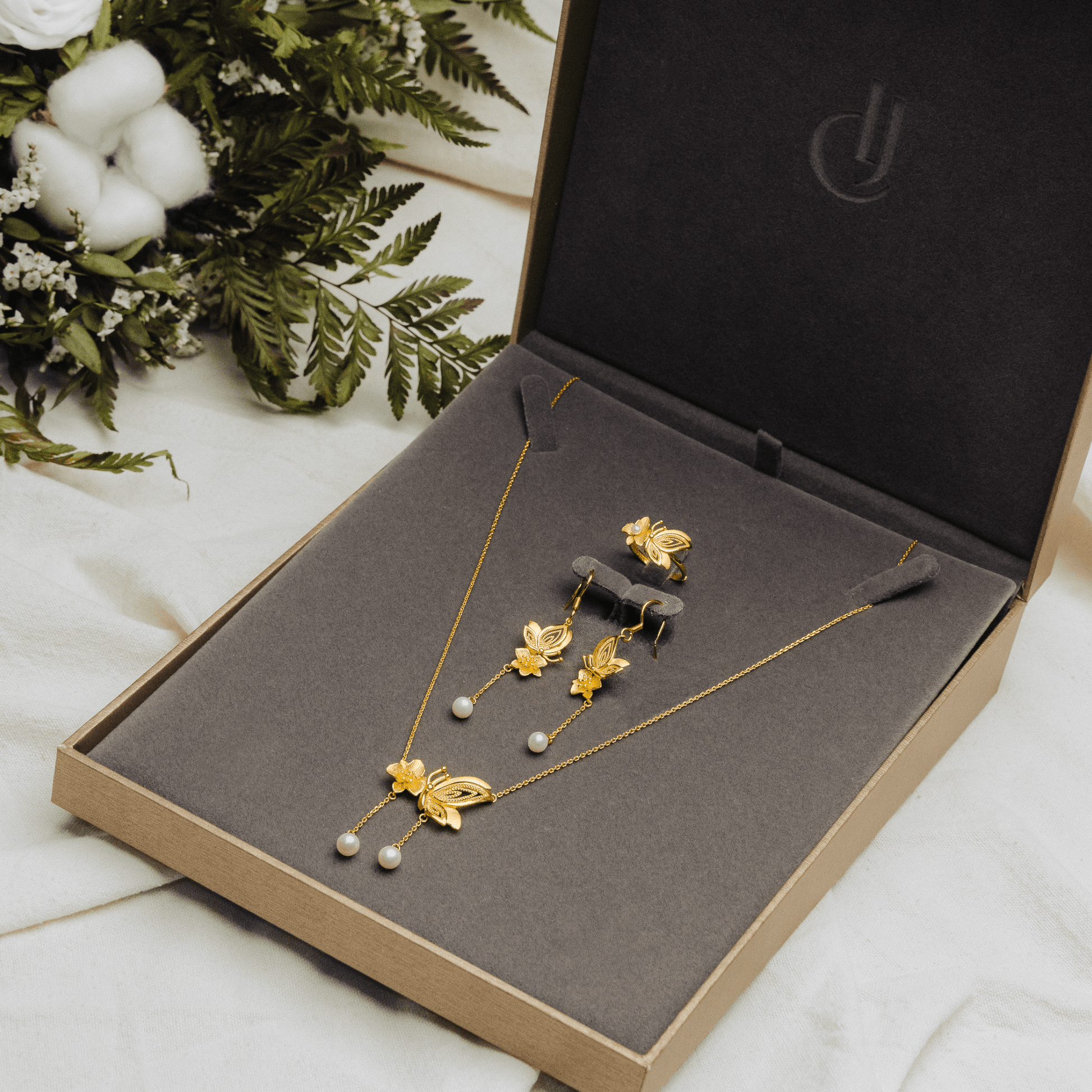 999 Pure Gold Floral Butterfly Pearl Ring with dainty floral and butterfly motifs, accented with a pearl for a touch of timeless elegance.