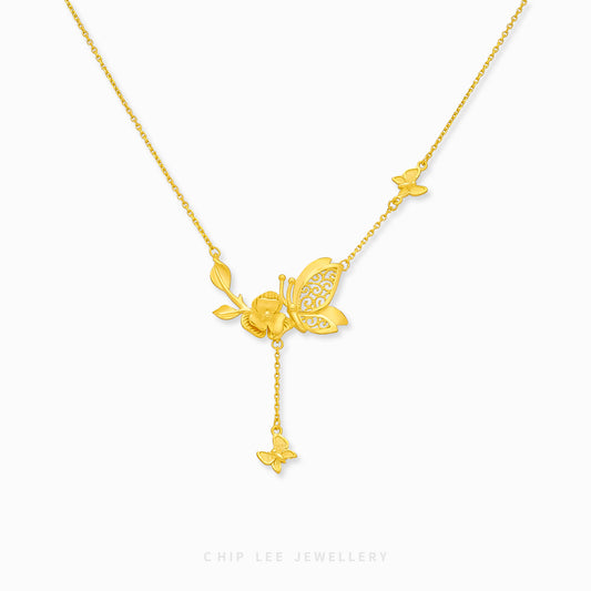 999 Pure Gold Floral Butterfly Necklace with delicate floral and butterfly motifs in solid gold, perfect for timeless, feminine elegance and charm.