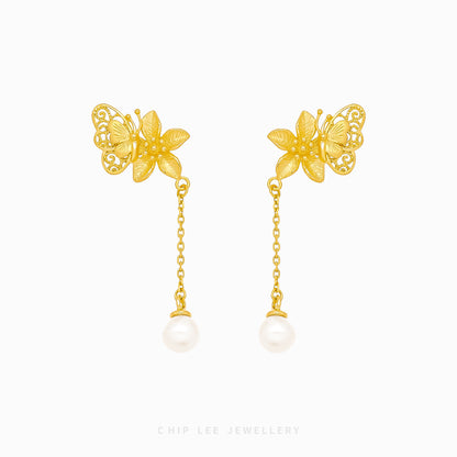 999 Pure Gold Butterfly Pearl Earrings with floral motifs and a pearl accent, crafted in solid gold for timeless elegance and feminine charm.