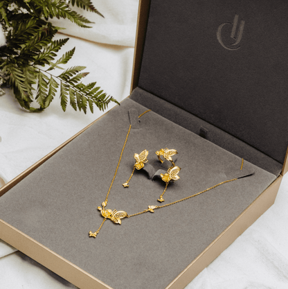 999 Pure Gold Floral Butterfly Necklace with delicate floral and butterfly motifs in solid gold, perfect for timeless, feminine elegance and charm.