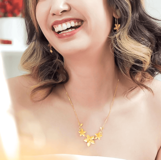 999 24K Gold Flora Necklace with intricate floral detailing in solid gold, offering timeless elegance and refined charm for everyday or special occasions.