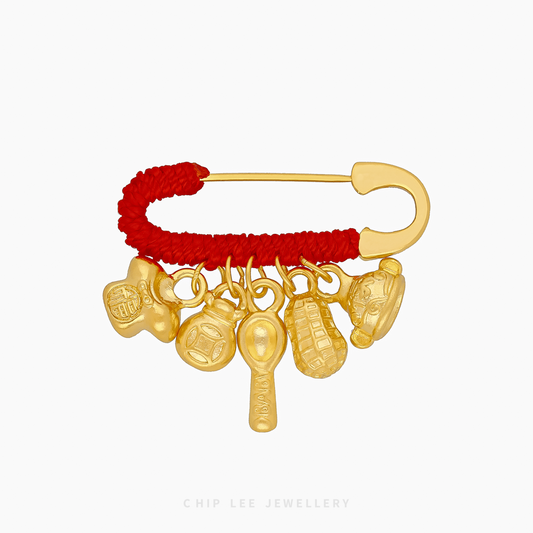 999 Pure Gold Baby Safety Brooch: 24K gold pin with auspicious charms symbolising blessings, safety & prosperity — perfect newborn keepsake.