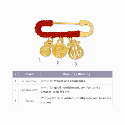 999 Pure Gold Baby Pin featuring motifs of health, prosperity & intelligence—24K gold keepsake bringing blessings to treasured newborn moments.