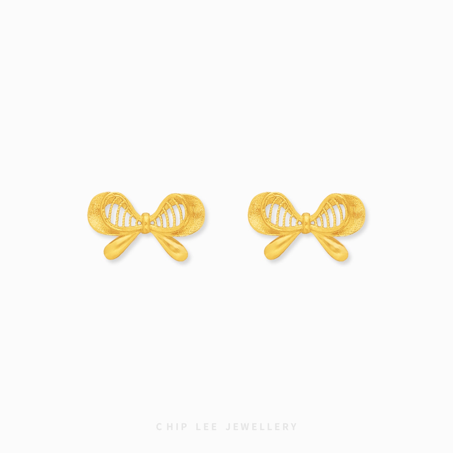 999 Gold Kurdele Studs with delicate bow design in 24K gold by Chip Lee Jewellery Singapore.