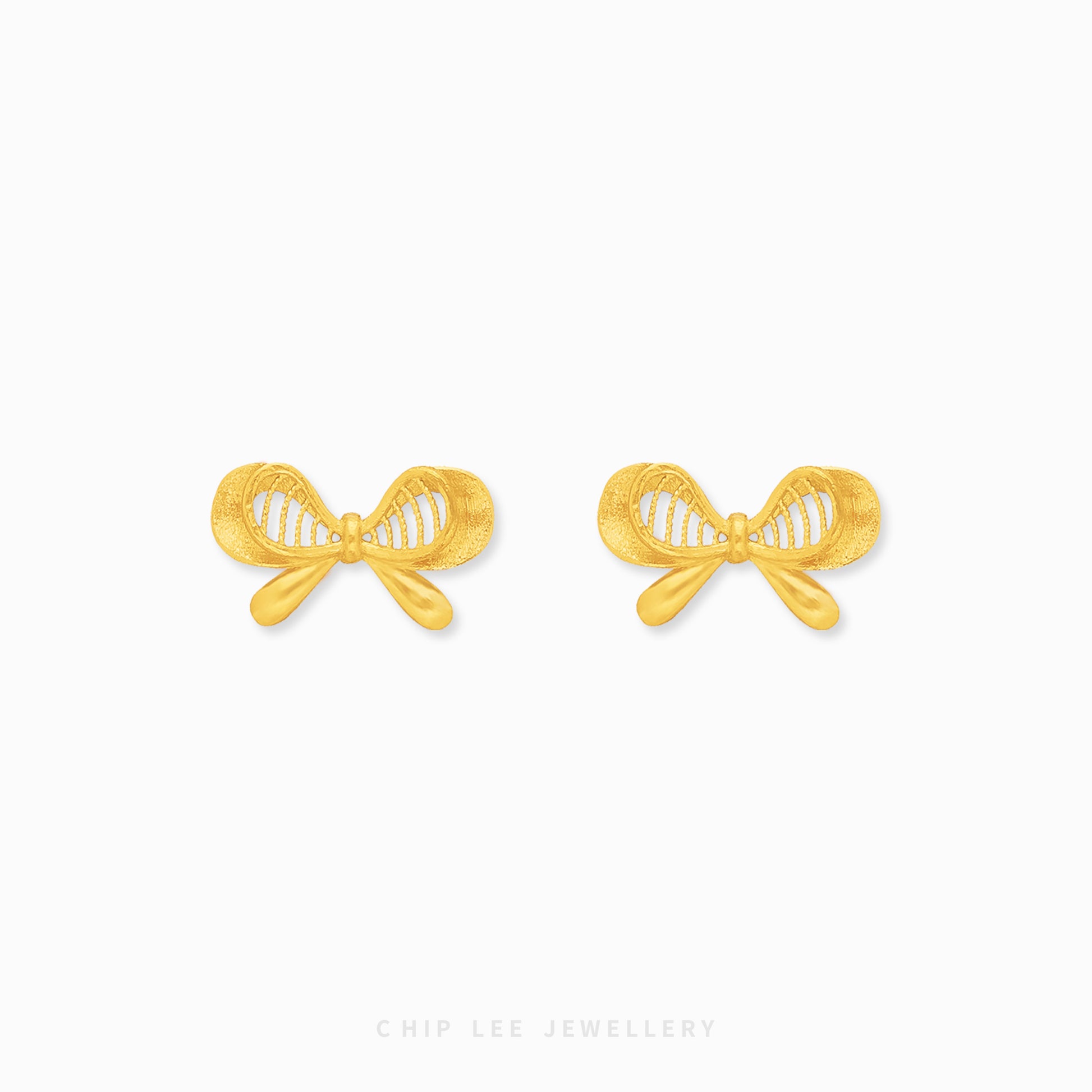 999 Gold Kurdele Studs with delicate bow design in 24K gold by Chip Lee Jewellery Singapore.