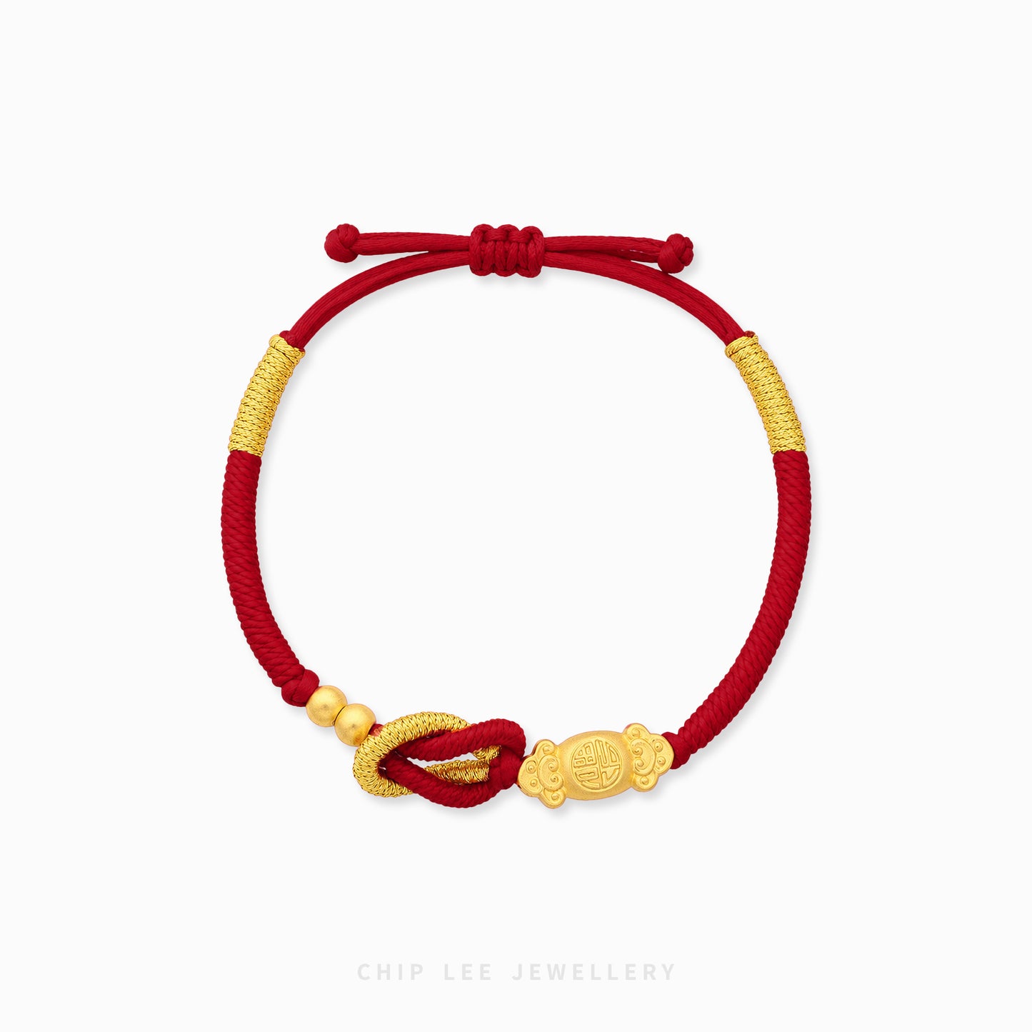 A red cord bracelet with gold-toned beads, a gold knot, and a gold Chinese lucky coin charm, displayed on a clean white background with a brand watermark at the bottom.