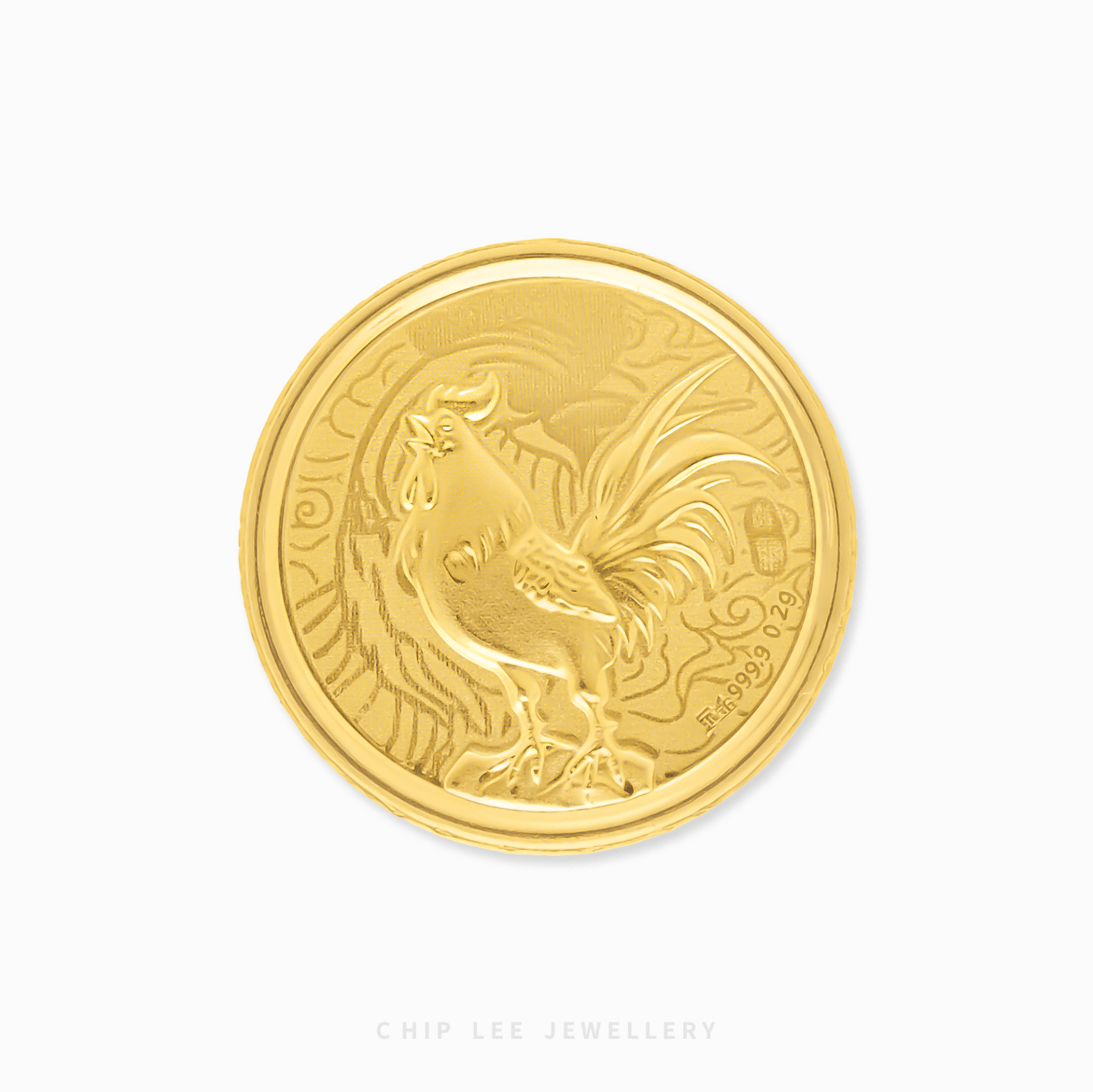 Gold coin with rooster design on a white background