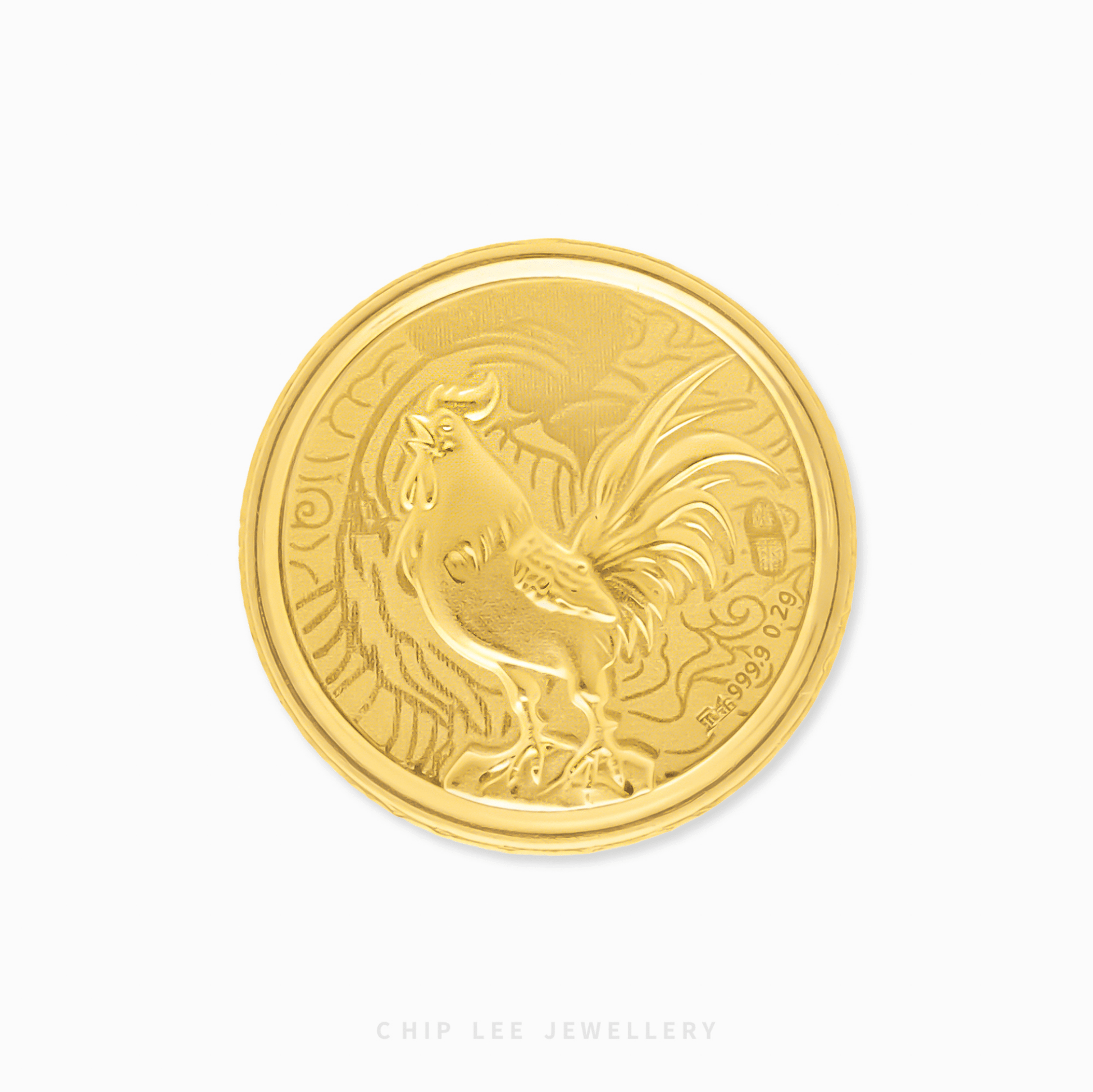 Gold coin with rooster design on a white background
