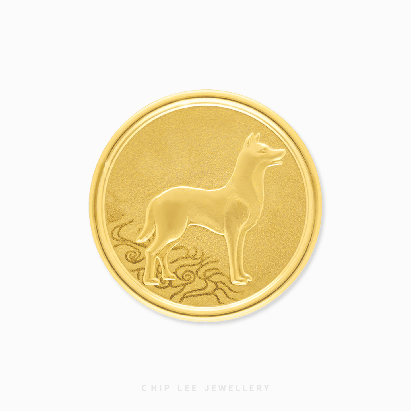 Gold coin with a dog design on a white background.