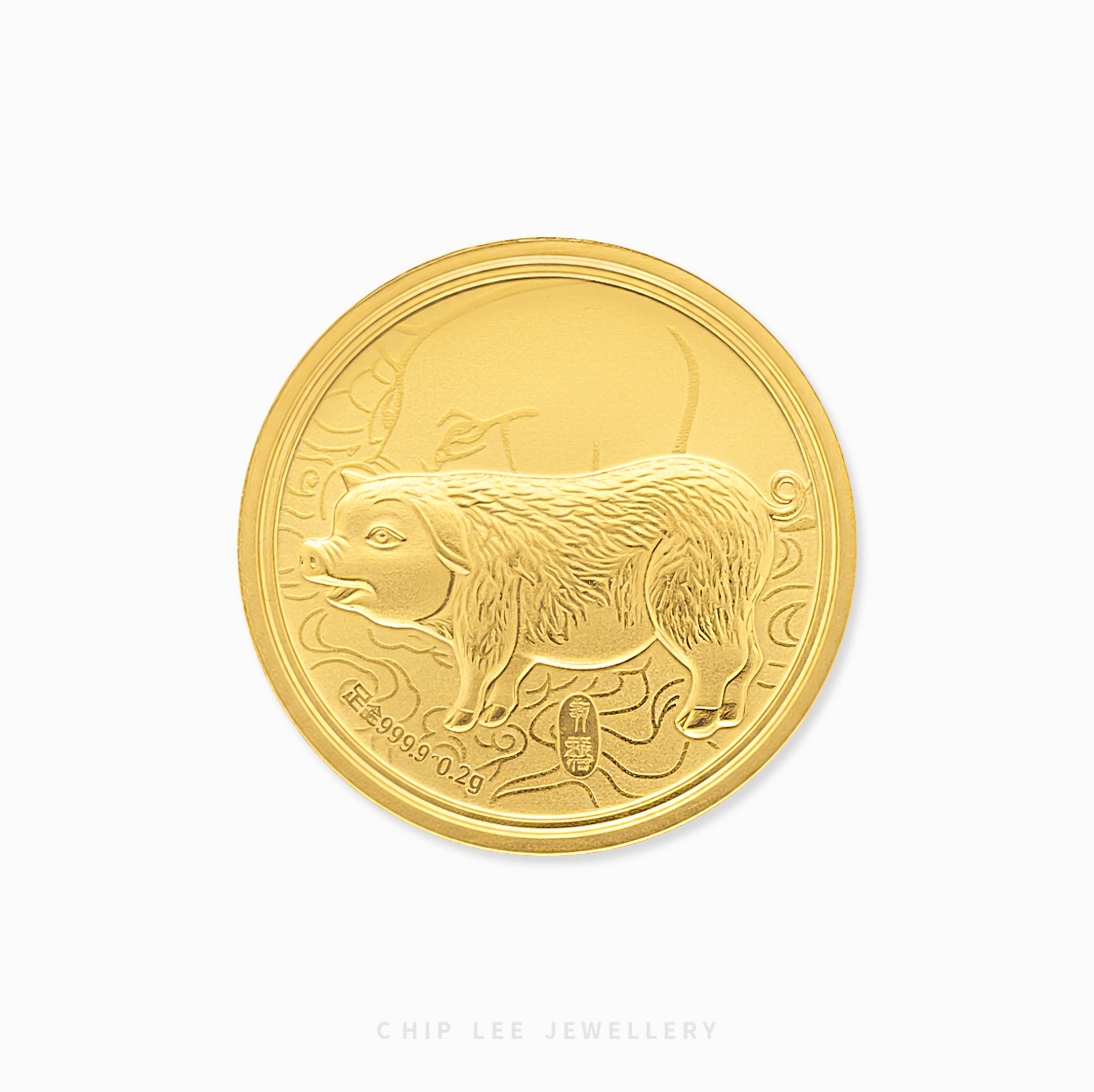Gold coin with a pig design on a white background