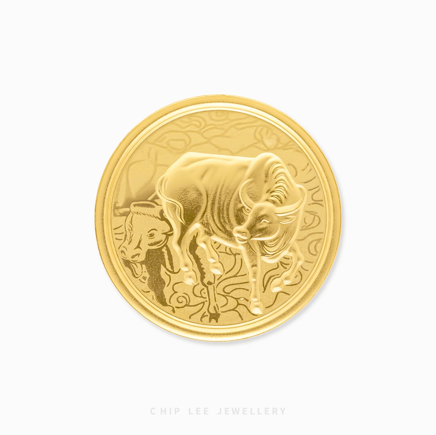 Gold coin with bull design on a white background