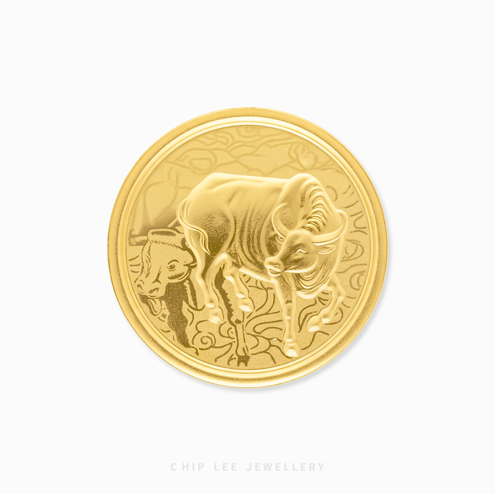 Gold coin with bull design on a white background