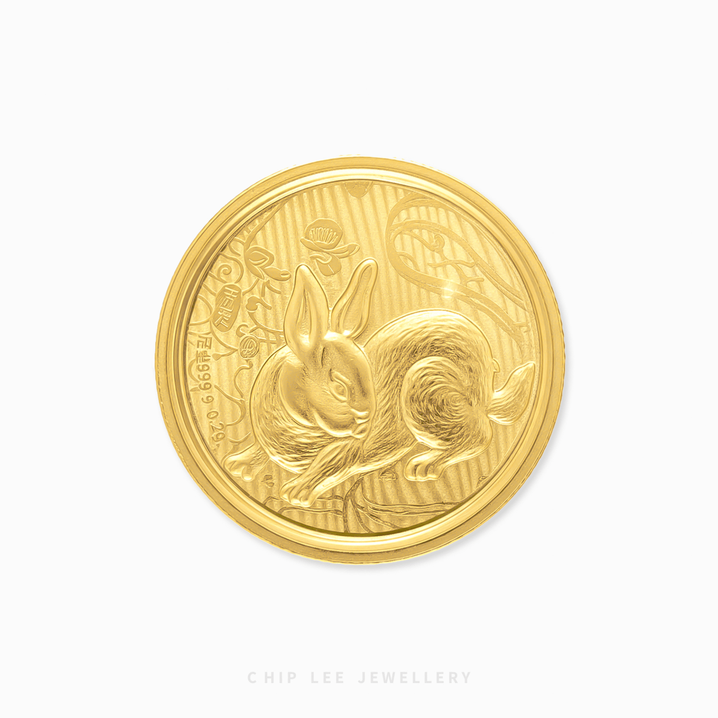 Gold coin with a rabbit design on a white background