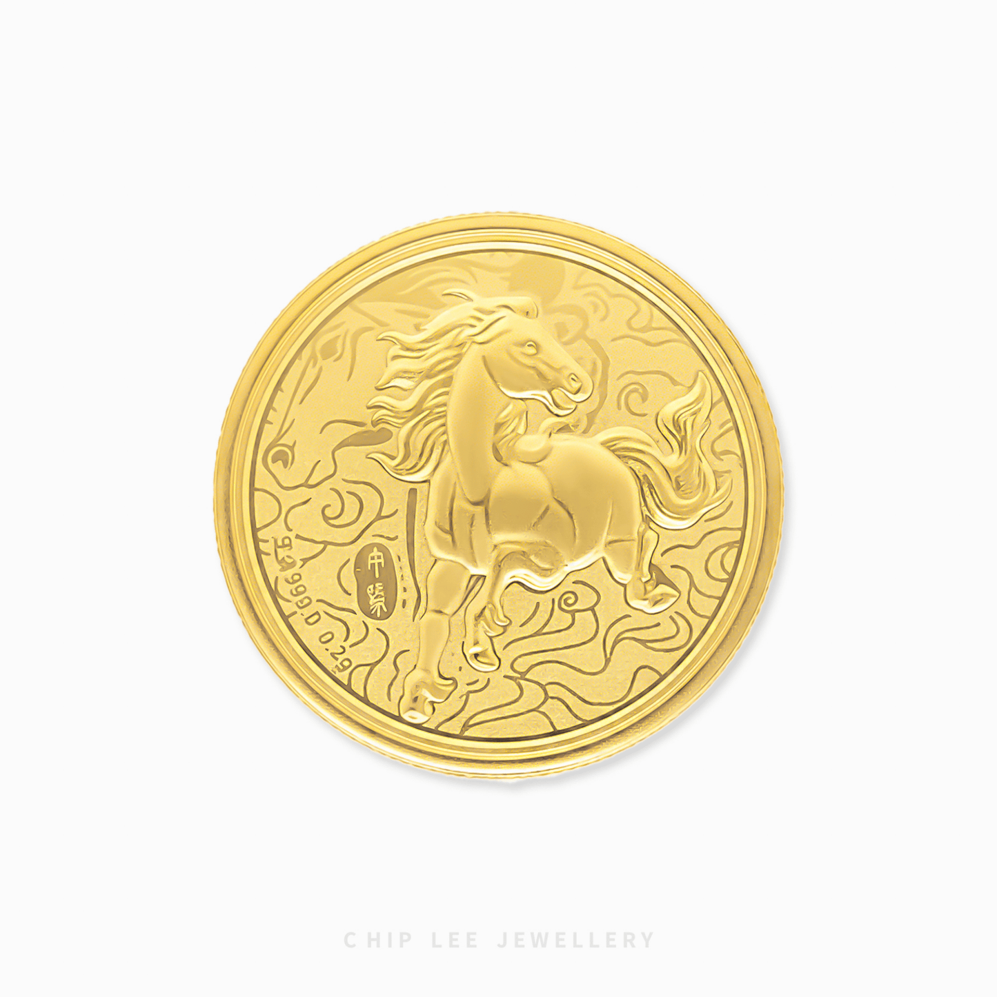 Gold coin with a horse design on a white background