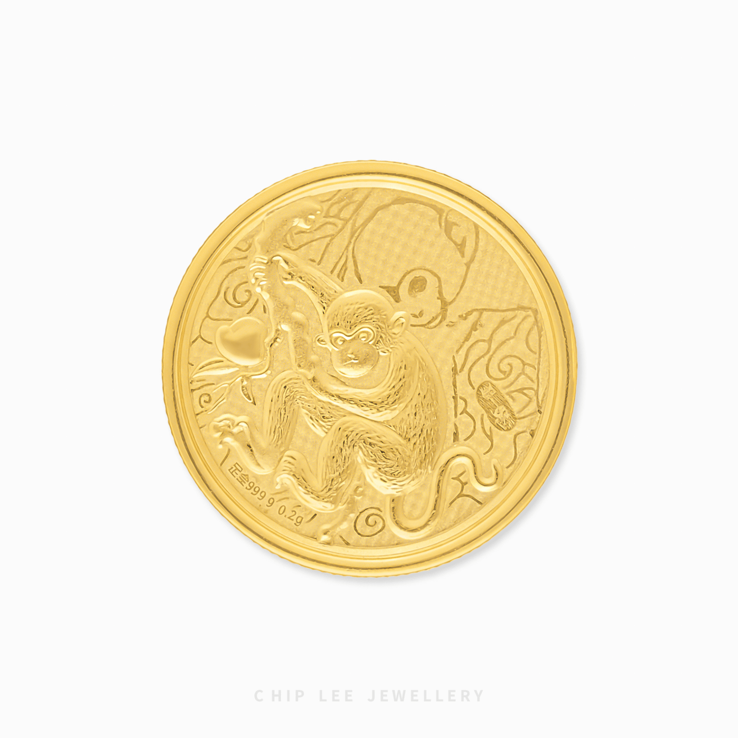 Gold coin with monkey design on a white background