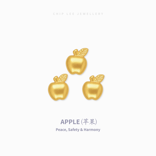 Three small gold apple-shaped jewelry charms with textured metallic finishes, arranged on a light gray background with the text 'CHIP LEE JEWELLERY' at the top and 'APPLE (苹果) Peace, Safety & Harmony' at the bottom.