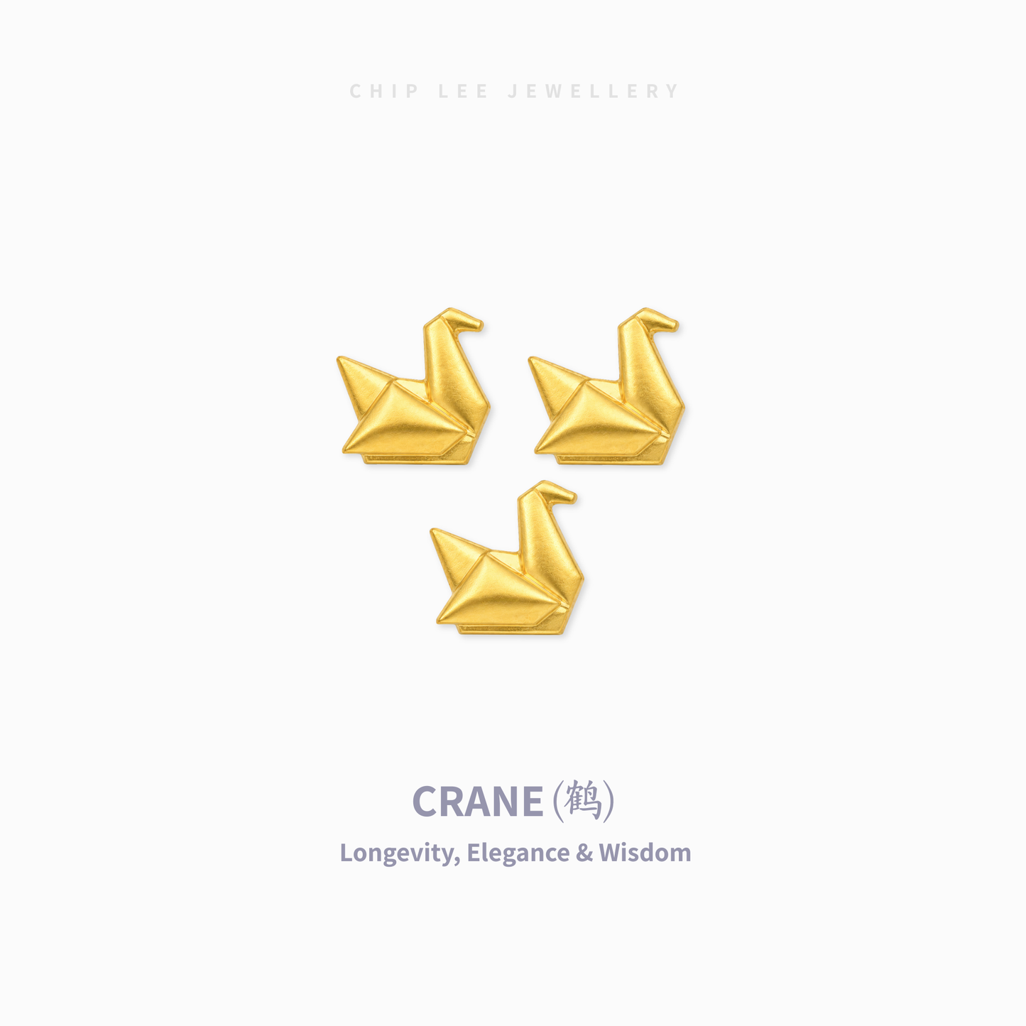 Three small gold crane-shaped jewelry pieces arranged on a light gray background, with the text 'CHIP LEE JEWELLERY' at the top and 'CRANE (鵝) Longevity, Elegance & Wisdom' at the bottom.