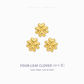 Three gold four-leaf clover stud earrings arranged in a triangle on a white background, with 'CHIP LEE JEWELLERY' at the top and 'FOUR-LEAF CLOVER (四叶草) Luck, Hope, Love & Faith' at the bottom.