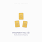 Three gold rectangular tile charms with embossed Chinese characters, arranged on a light gray background with 'CHIP LEE JEWELLERY' at the top and 'PROSPERITY TILE (宵) Wealth, Growth & Prosperity' at the bottom.