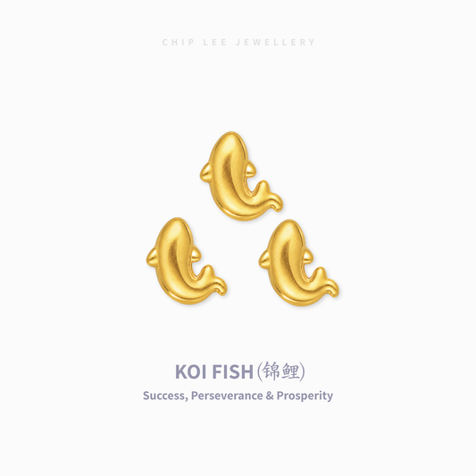Three small gold fish-shaped jewelry pieces arranged in a triangle on a light gray background, with the text 'CHIP LEE JEWELLERY' at the top and 'KOI FISH (锦鲤) Success, Perseverance & Prosperity' at the bottom.