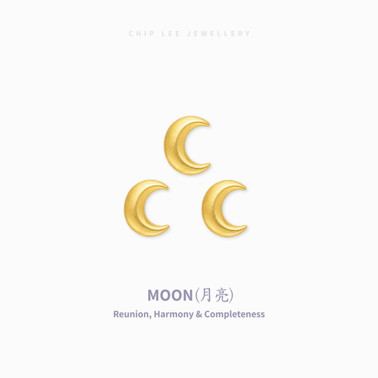 Three small gold crescent moon earrings arranged in a triangle on a very light gray background, with the text 'CHIP LEE JEWELLERY' at the top and 'MOON(月亮) Reunion, Harmony & Completeness' at the bottom.