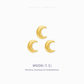 Three small gold crescent moon earrings arranged in a triangle on a very light gray background, with the text 'CHIP LEE JEWELLERY' at the top and 'MOON(月亮) Reunion, Harmony & Completeness' at the bottom.