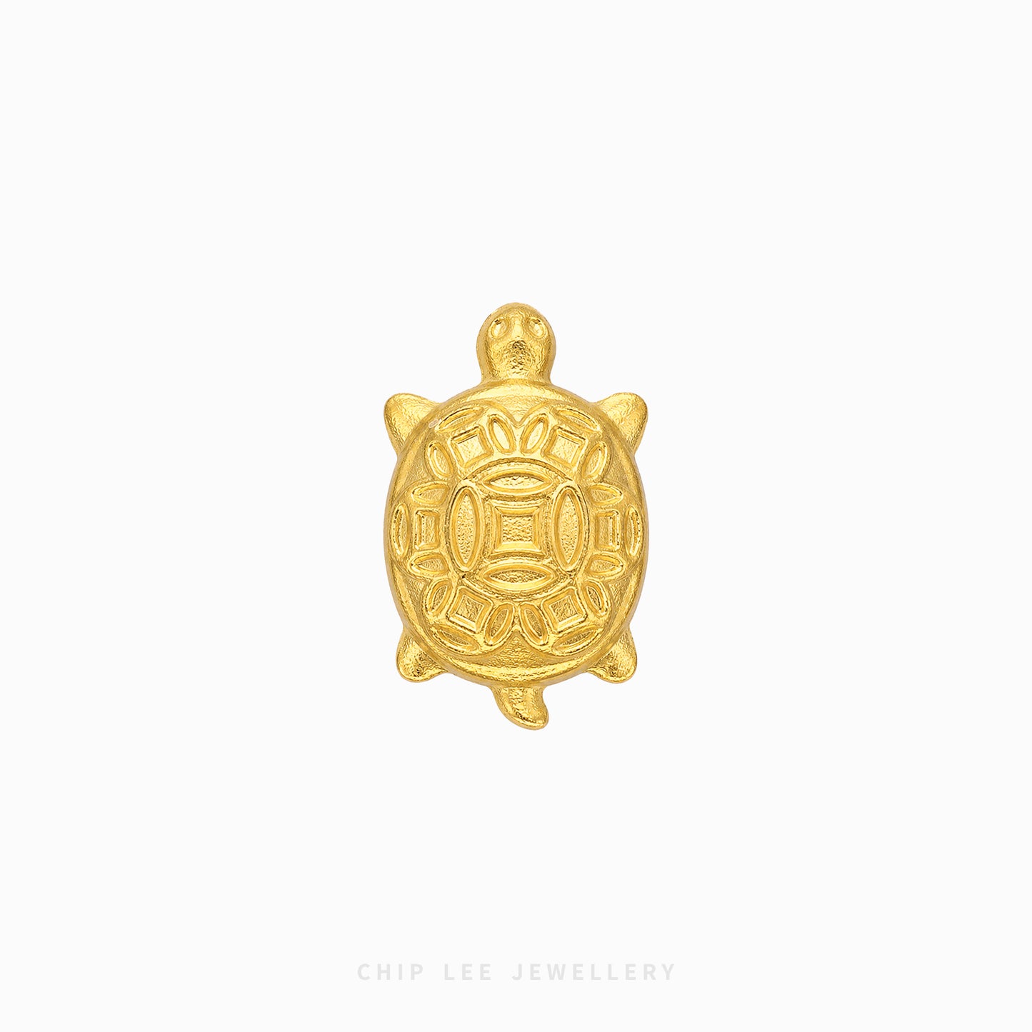A small gold turtle charm with embossed traditional patterns, centered on a plain white background with 'CHIP LEE JEWELLERY' text at the bottom.