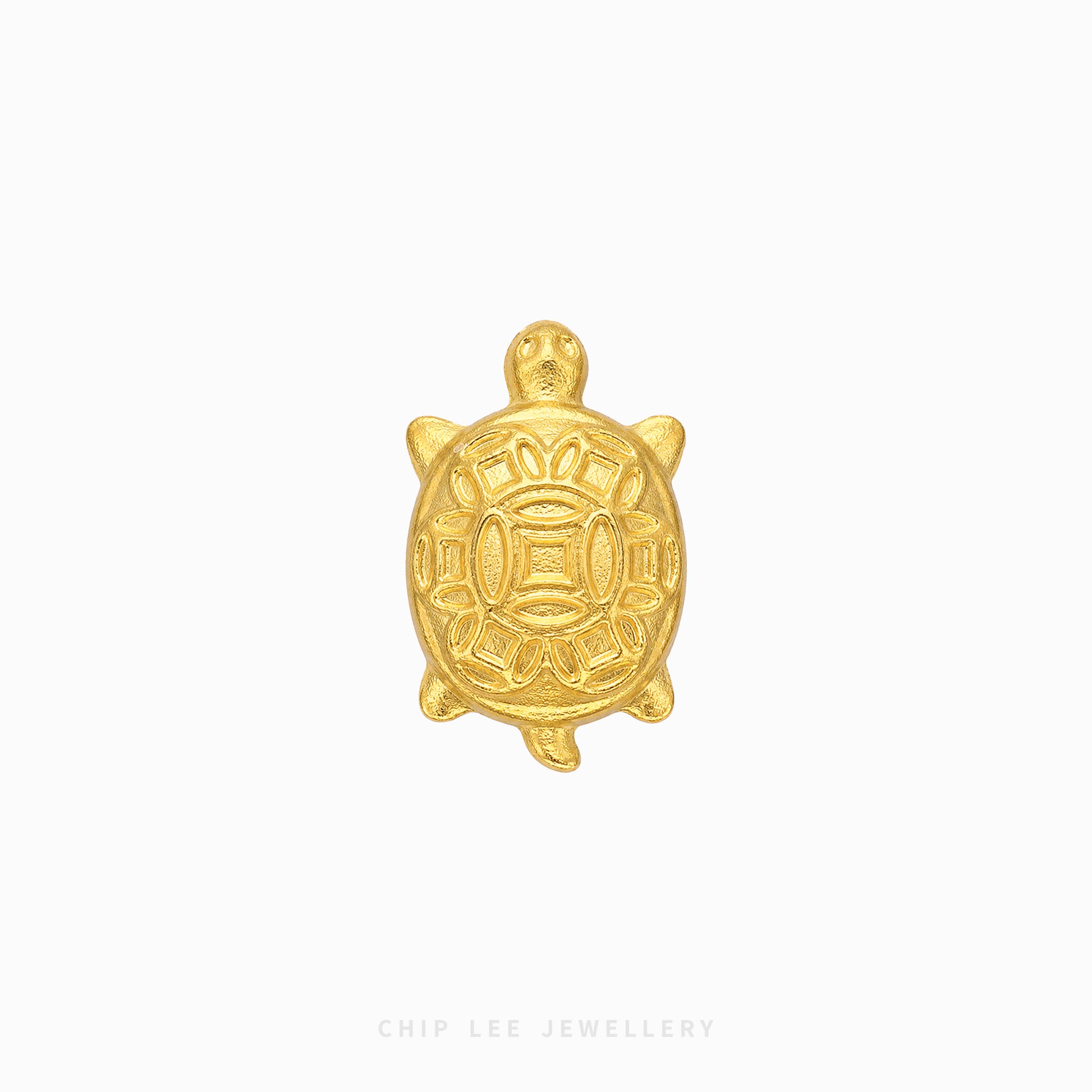 A small gold turtle charm with embossed traditional patterns, centered on a plain white background with 'CHIP LEE JEWELLERY' text at the bottom.