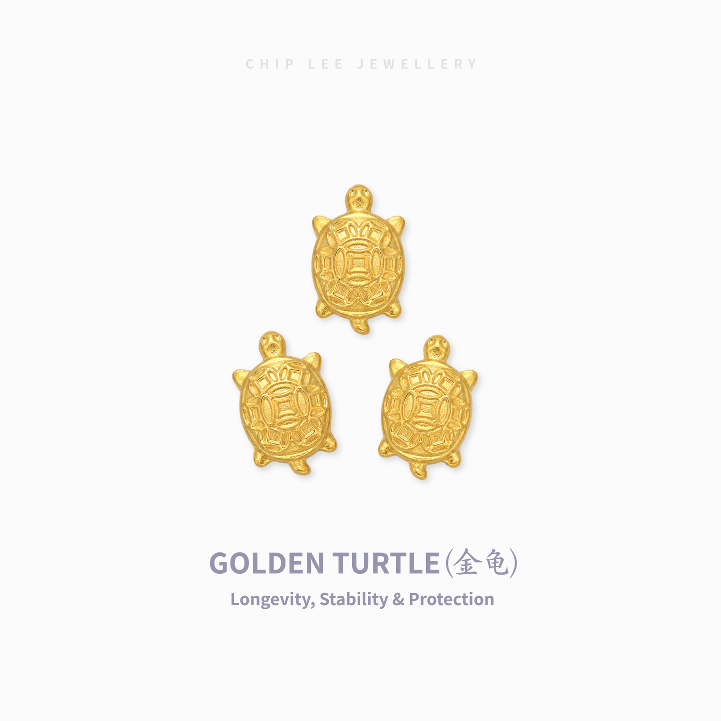 Three small gold turtle charms arranged on a light gray background, with the text 'CHIP LEE JEWELLERY' at the top and 'GOLDEN TURTLE (金龟) Longevity, Stability & Protection' at the bottom.