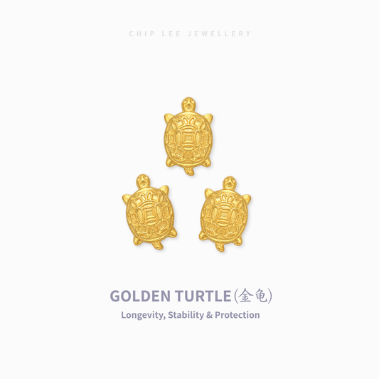 Three small gold turtle charms arranged on a light gray background, with the text 'CHIP LEE JEWELLERY' at the top and 'GOLDEN TURTLE (金龟) Longevity, Stability & Protection' at the bottom.