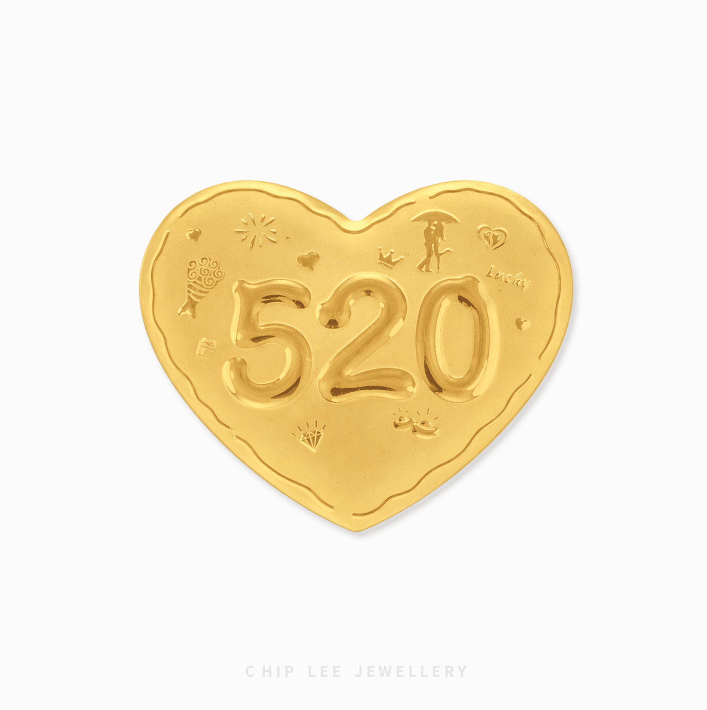 999 Pure Gold 520 Heart collectable in a luxury gift box with a clear acrylic casing, featuring a detailed "520" romantic motif.