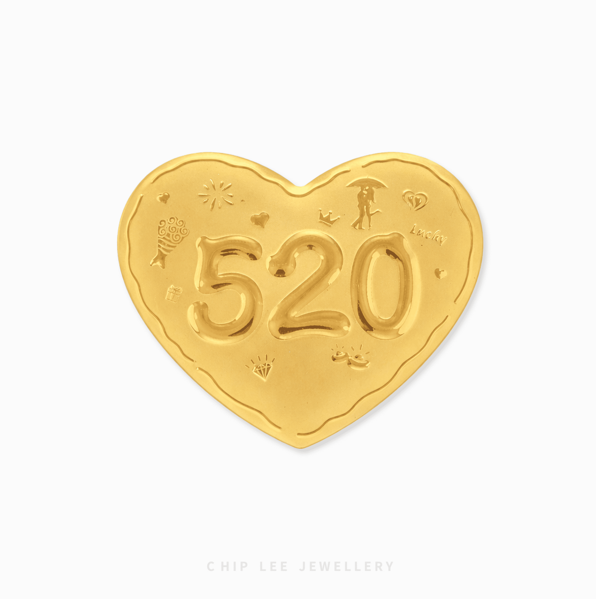 999 Pure Gold 520 Heart collectable in a luxury gift box with a clear acrylic casing, featuring a detailed "520" romantic motif.