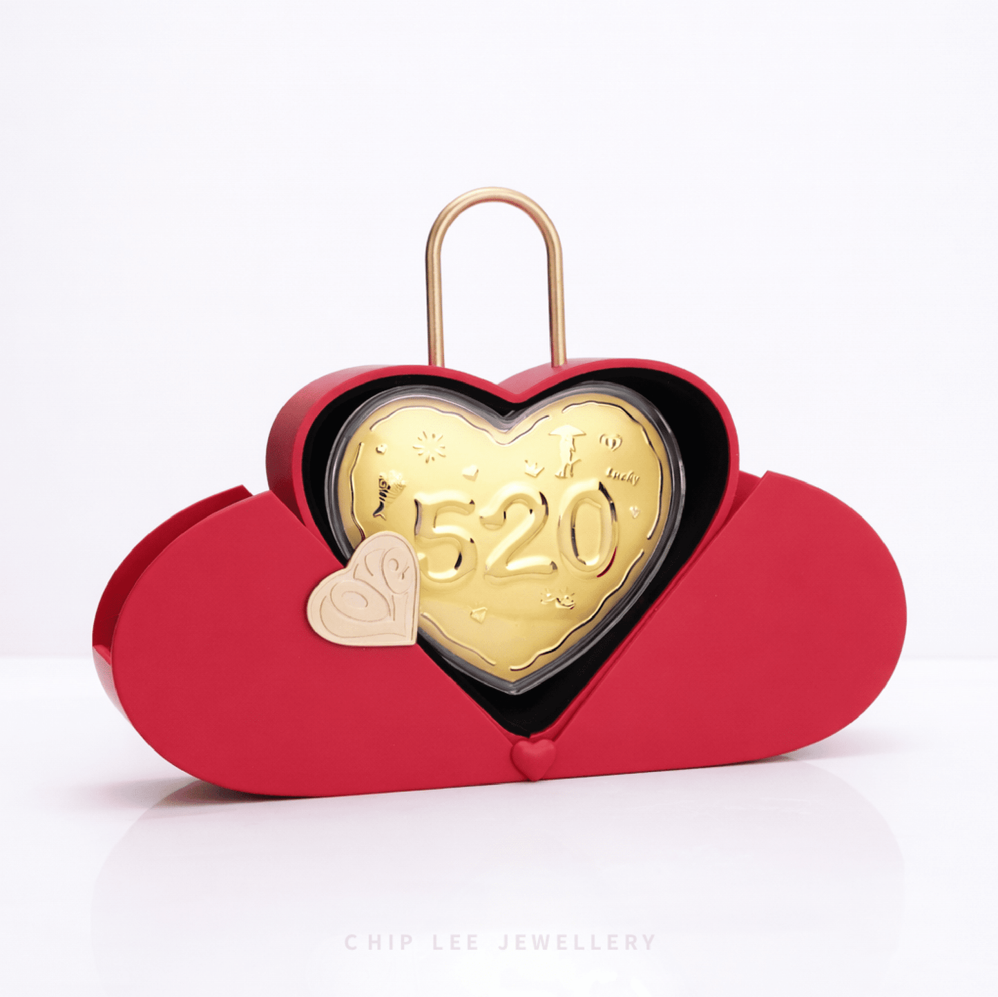 Opened red heart-shaped jewellery box revealing a 520 gold heart design inside, symbolising love and devotion, with a gold padlock-style handle for romantic gifting.