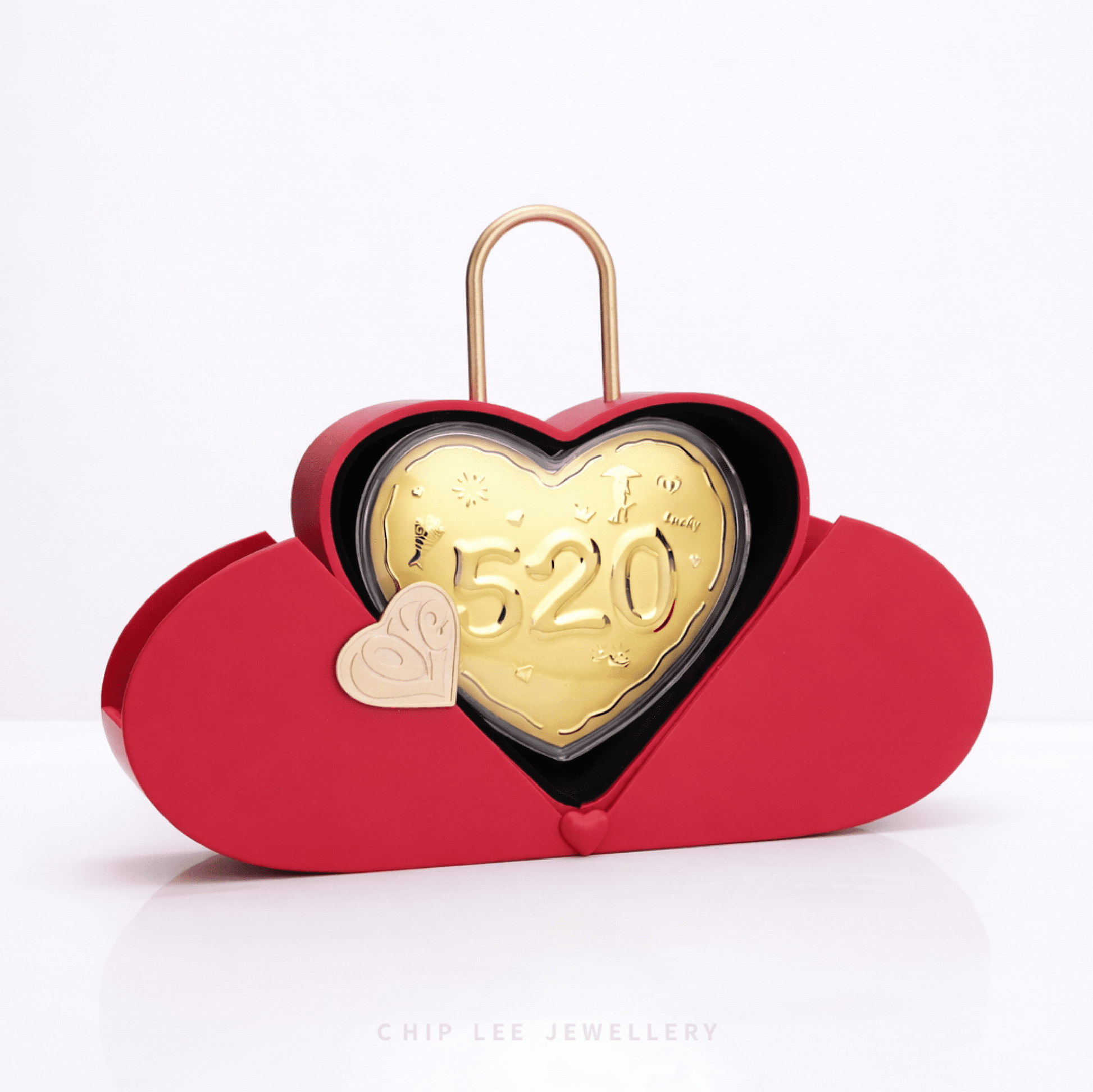 Opened red heart-shaped jewellery box revealing a 520 gold heart design inside, symbolising love and devotion, with a gold padlock-style handle for romantic gifting.