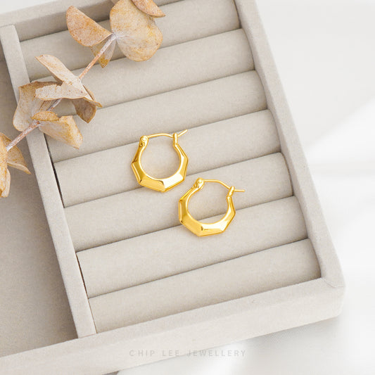 999 Pure Gold Angular Hoop Earrings with sharp geometric facets in 24K gold by Chip Lee Jewellery Singapore