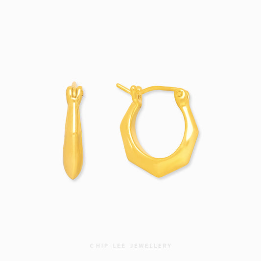 999 Pure Gold Angular Hoop Earrings with sharp geometric facets in 24K gold by Chip Lee Jewellery Singapore