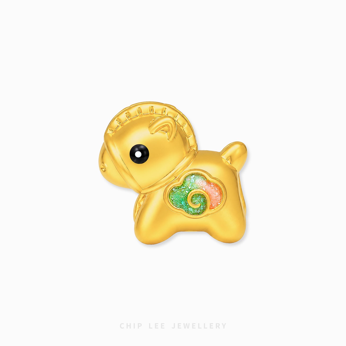 A gold-plated charm shaped like a cute cartoon sheep or goat, featuring a textured gold finish, a small black bead eye, and a colorful enamel heart on its chest with green, pink, and gold swirls. The charm is displayed on a clean white background with a faint 'CHIP LEE JEWELLERY' watermark at the bottom.