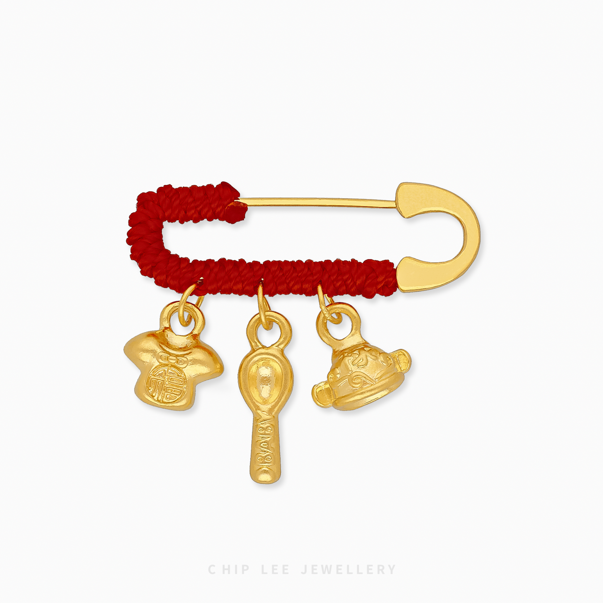 999 Pure Gold Baby Safety Brooch featuring a sleek, polished pin with delicate charm accents, symbolising protection, blessings, and elegant newborn style.