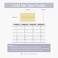 Gold bar size chart for Chip Lee Jewellery 999 pure gold bars, guiding customers to find the perfect size and weight for certified gold collectables.