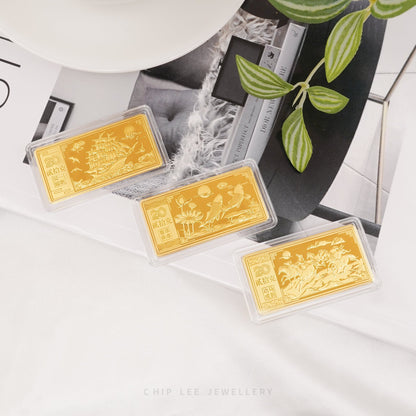 A collection of 999 pure gold bars showcasing various designs, each with distinct symbolic meanings. Hallmarked in Singapore for certified purity and authenticity.