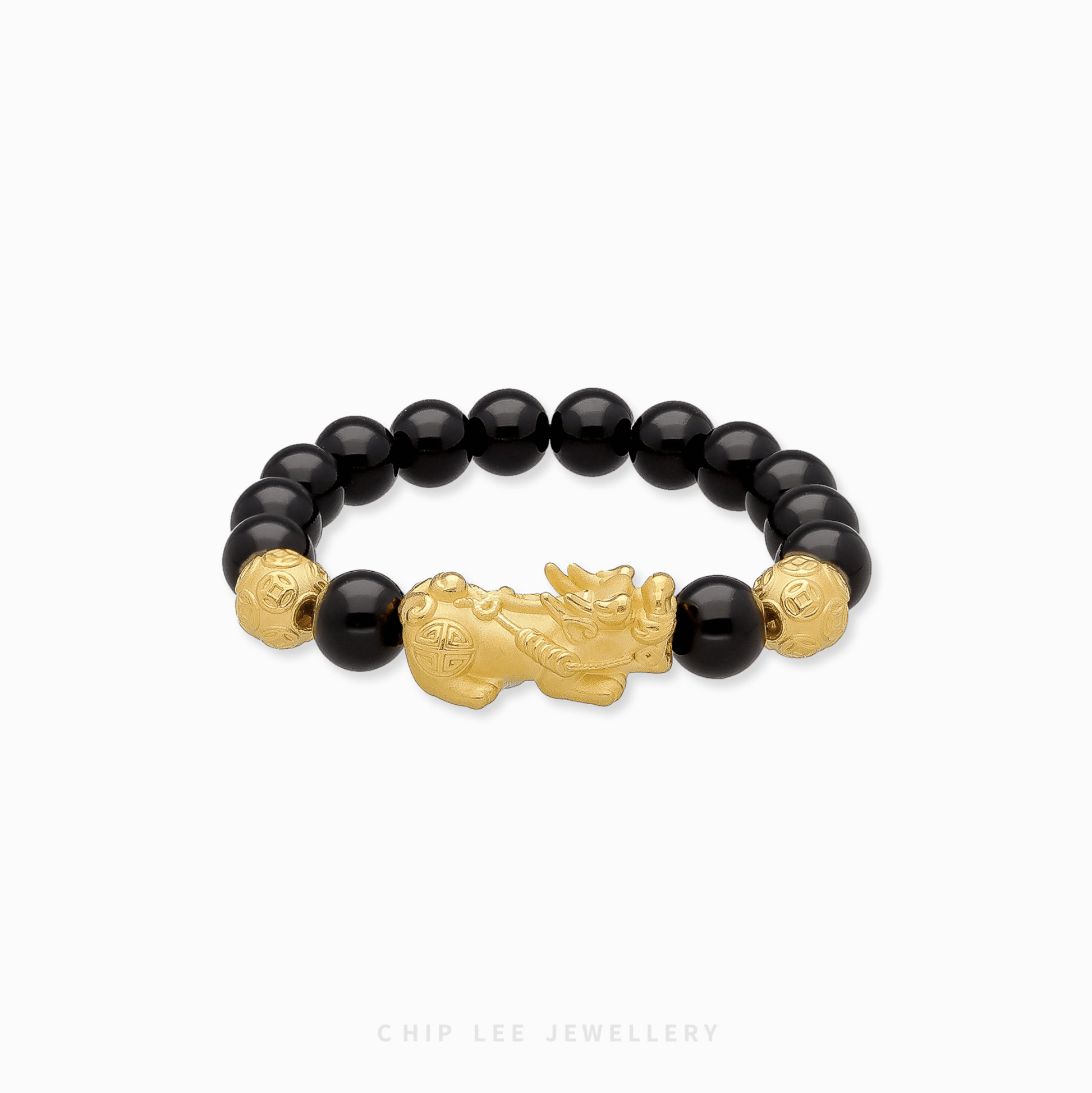 Chip Lee Jewellery 999 Pure Gold Pixiu Black Agate Bracelet. 24K gold wealth charm, protective black gemstone beads.