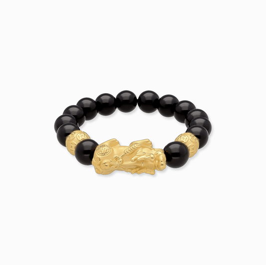 Chip Lee Jewellery 999 Pure Gold Pixiu Black Agate Bracelet. 24K gold wealth charm, protective black gemstone beads.
