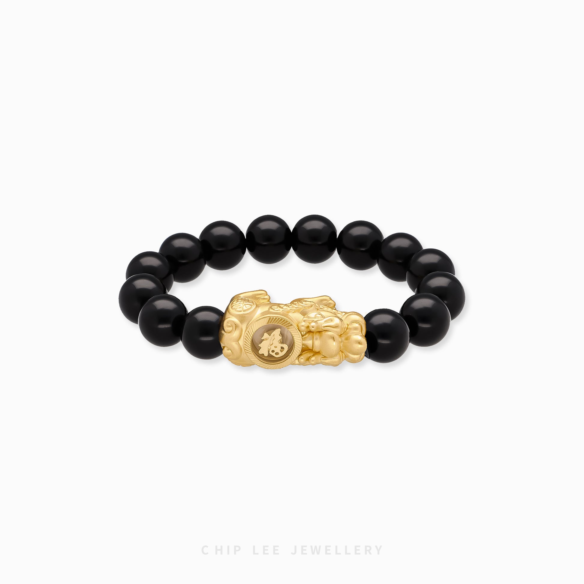 Close-up of 999 Pure Gold 财运亨通 Black Agate Pixiu Bracelet featuring a gold Pixiu charm and black agate beads on display.